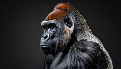 Obraz premium Close up portrait of a majestic silverback gorilla looking intently to the side with a dark background.