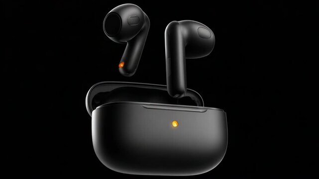 Pair of Modern Black Wireless Earbuds Hovering Above Charging Case on Isolated Black Background