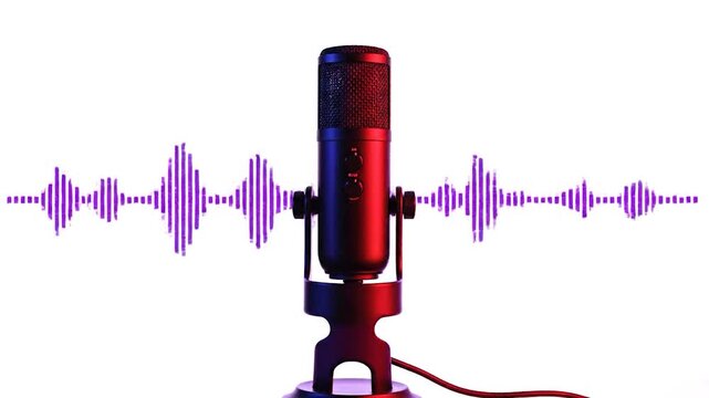 A modern microphone with purple soundwaves emanating from it