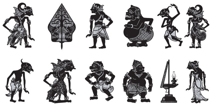 Collection of traditional Indonesian Wayang Kulit shadow puppets and a lamp.