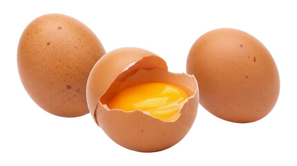 three brown chicken eggs, with one cracked open to reveal a vibrant yellow yolk, isolated on a pure transparent background, studio shot.