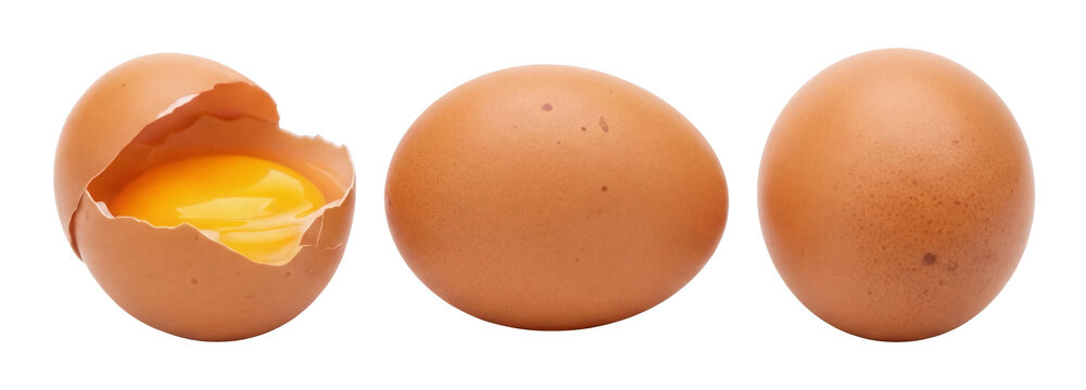 three brown chicken eggs arranged in a row: one cracked open revealing its bright yellow yolk, one whole, and one with shell fragments scattered.