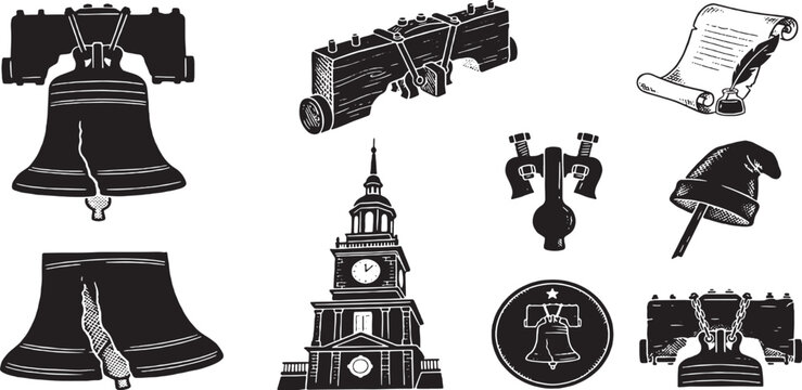 Collection of American historical symbols and icons in black and white silhouette style.