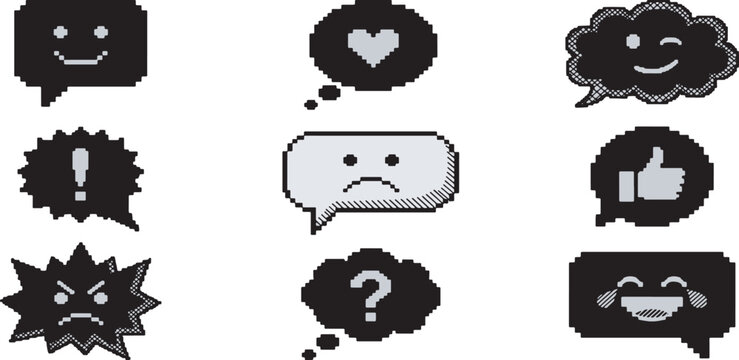 Collection of pixelated speech bubbles with various emojis representing emotions and communication symbols.
