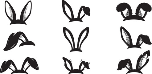 Collection of nine different black and white illustrations of bunny ears on headbands.