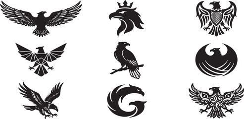 Fototapeta premium Collection of stylized eagle emblems and icons in black and white, representing power and freedom.