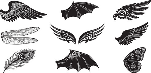 Collection of diverse wing illustrations, including feathered, bat-like, insect, and tribal designs, presented in black and white.