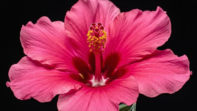 Close up of a vibrant pink hibiscus flower against a dark background