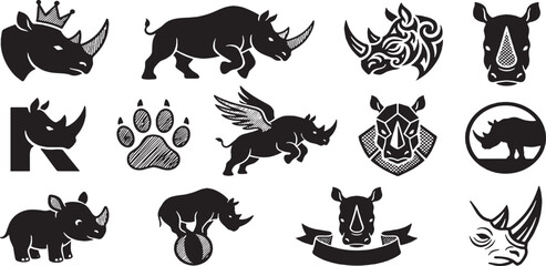 Collection of diverse rhinoceros illustrations and icons, including a crowned rhino, a rhino with wings, and a rhino balancing on a ball. © Riki
