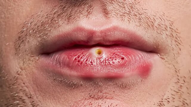 Close-up of a male mouth with inflamed lips and a central pustule