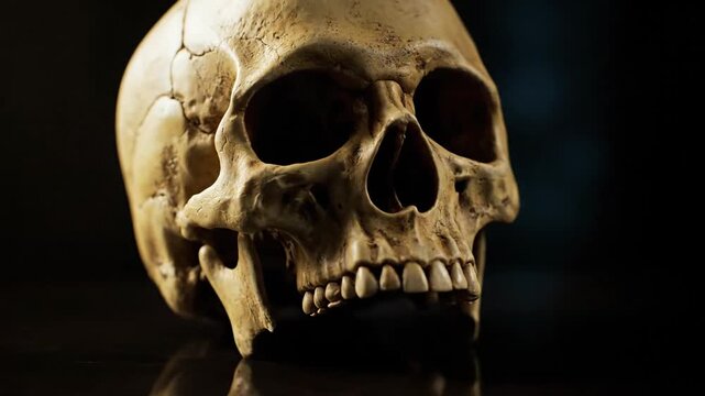 The human skull rotates slowly, revealing intricate bone details and a reflective dark surface This cinematic display evokes themes of mortality,