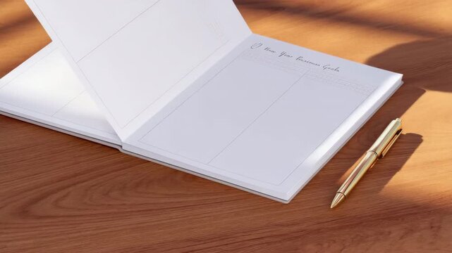 2027 business goals planner opening on wooden desk with gold pen for new year corporate strategy and future planning concept
