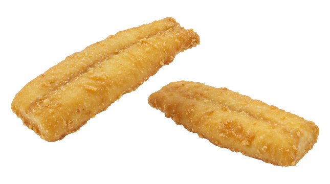 two crispy fried fish fingers, golden brown and seasoned, on a plain transparent background, isolated