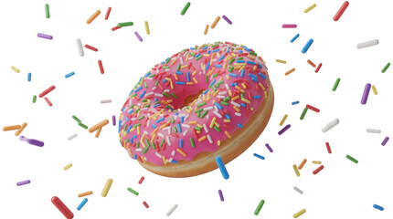 a delightful pink frosted donut adorned with a cascade of colorful rainbow sprinkles, suspended in a playful scattering against a transparent background. © Kathryn