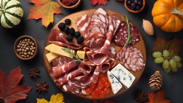 Delicious charcuterie board with assorted meats, cheeses, berries, and autumn leaves, perfect for a festive gathering or gourmet meal