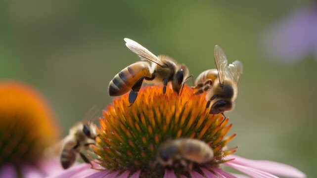 Close-up of several honeybees diligently collecting nectar and pollen from the vibrant petals of a coneflower in bright daylight