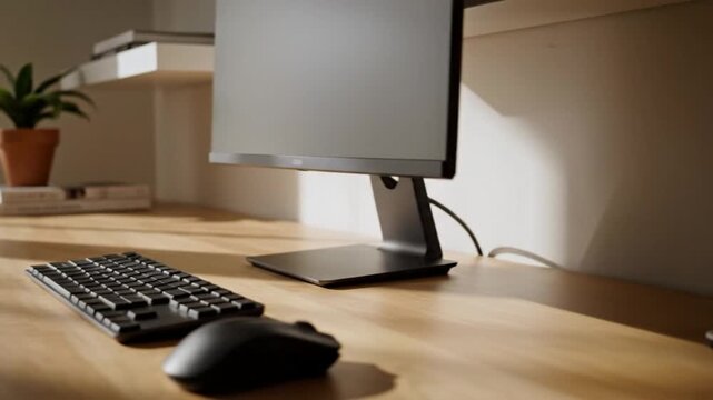 A wooden desk holds a black computer monitor keyboard and mouse alongside a potted plant and stacked books