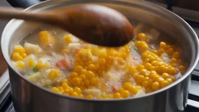 Close-up of corn and potatoes being cooked in a pot of boiling water, a classic ingredient combination for delicious homemade stews and chowders
