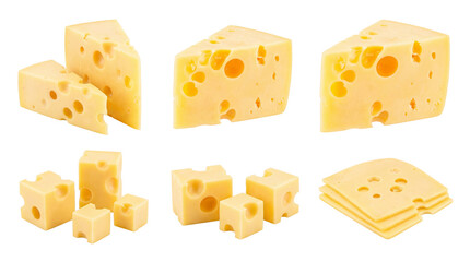 a striking display of assorted swiss cheese pieces, including large wedges, stacked slices © Sharon