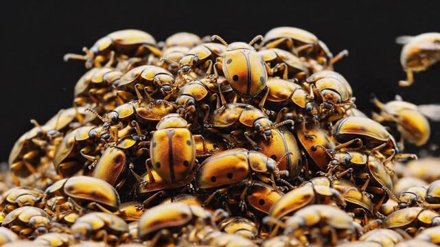 Close up of numerous ladybugs clustered together against a dark backdrop