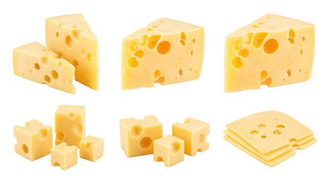 a striking display of assorted swiss cheese pieces, including large wedges, stacked slices