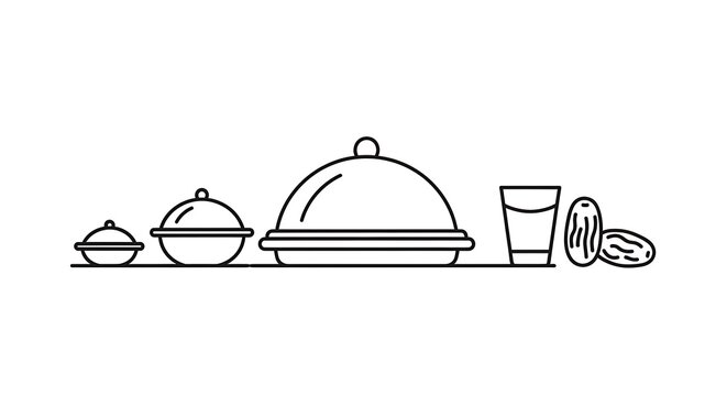 Ramadan Iftar Meal Icons Dates, Glass, and Dishes with Serving Covers