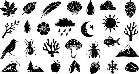 Nature and Environment Glyph Icons Set. Monochrome Black  White Collection of Natural Elements, Animals, Plants, Weather, and Landscapes. © pixsource