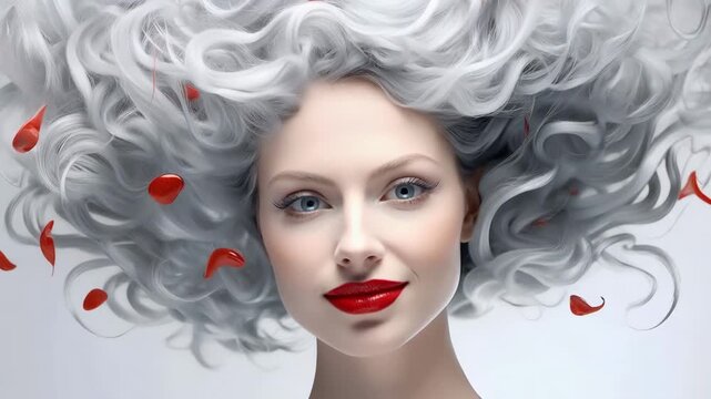 A model with grey curly hair and red details poses in a studio. The shots capture her different expressions and unique hairstyle in bright light.