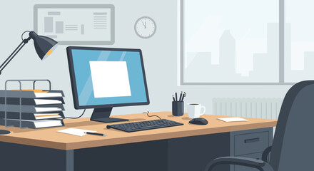 Modern office workspace with computer, desk, and chair viewed from the side, surrounded by office supplies and a cityscape outside the window