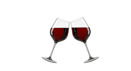 Two glasses of red wine clinking on a white background