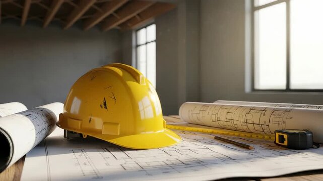 Close-up Of Yellow Safety Helmet Blueprints Measuring Tools On Table At Construction Site With Open Windows Exposed Beams In The Background For Real Estate Engineering Construction C
