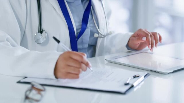 Doctor, tablet and writing prescription or report with online research or consultation on a mobile app while sitting at desk, Professional female GP and healthcare worker with medical insurance form
