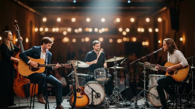 Musical Quartet Performs Live On Stage In Rustic Venue With Seated Audience In The Background For Advertising Band Concert