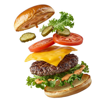 deconstructed gourmet cheeseburger with lettuce, tomato, pickles, and sauce, captured in a dynamic, floating motion against a transparent background, perfect for food photography and advertising.