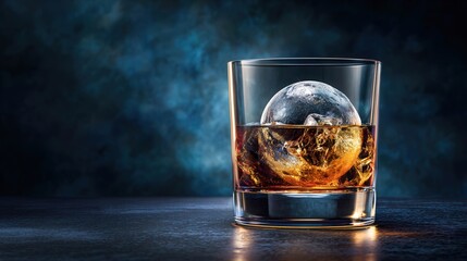 Whiskey Glass with Ice Sphere: A perfectly chilled glass of whiskey, featuring a large, spherical ice, sits in a dimly lit setting, capturing the essence of a sophisticated drink.