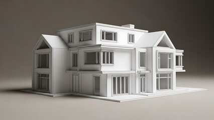 Architectural visualization presenting a modern house in a white wireframe