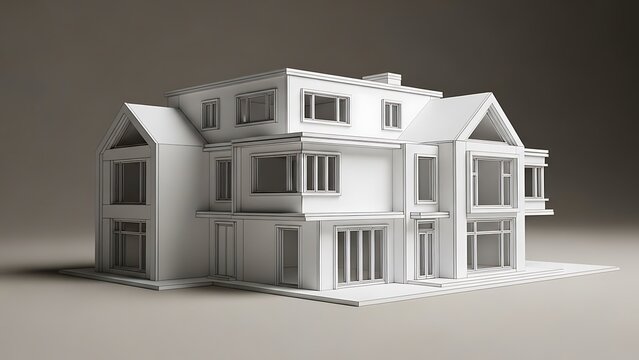 Architectural visualization presenting a modern house in a white wireframe