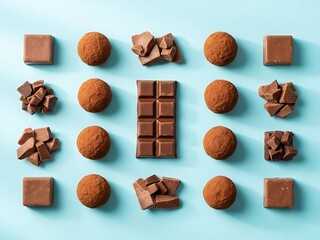 Assorted Delicious Chocolate Truffles and Pieces on a Blue Background