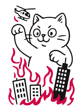 cat kitten kitty destroy city illustration