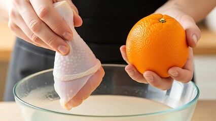 Chicken Leg and Orange Held Over Bowl for Creative Culinary Preparation