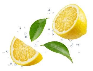 vibrant fresh lemon slices with green leaves and water droplets splashing on a transparent background, a refreshing and zesty citrus fruit perfect for culinary and beverage applications.