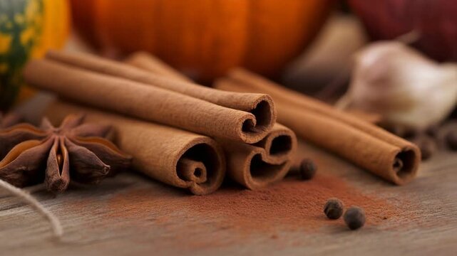 Warm autumnal spices cinnamon sticks, star anise, and peppercorns on a rustic wooden table, perfect for cozy fall baking and festive culinary creation