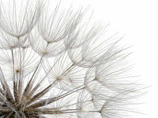 Fototapeta premium Macro shot of Dandelion Seed Head Texture Isolated on White Background, Delicate Fluffy Pappus Detail, tiny flowers