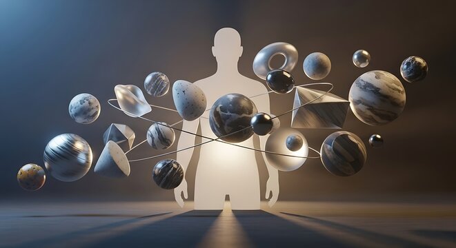 A person surrounded by floating reflective spheres in a dark room with a spotlight shining down