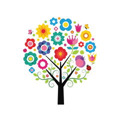 Whimsical tree illustration with vibrant flowers, vines, leaves, viewed front in bright white scene