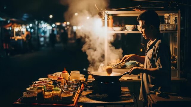 Street food vendor cooking with steam at night