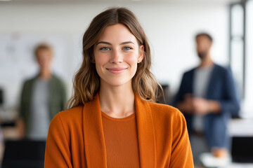 Fototapeta premium Portrait of a professional smiling woman in a business office. Successful leadership and employee at workplace.