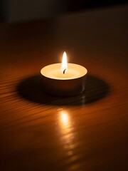 Single Tealight Candle Burning Brightly on a Wood Surface in the Darkness
