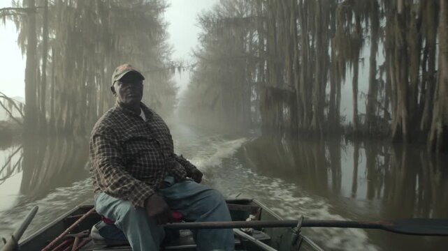 A man steers a boat through misty swamp waters at dawn. Tall trees surround the area, and the air is filled with moisture. It is early morning in the wetland.