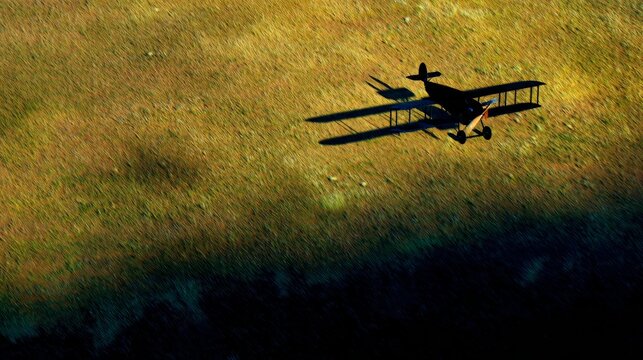 sardonyx. Early biplane flying over grassy field at dawn, long shadow sweeping across the ground. mobility guides, transit brochures, designed for transport & logistics marketing.
